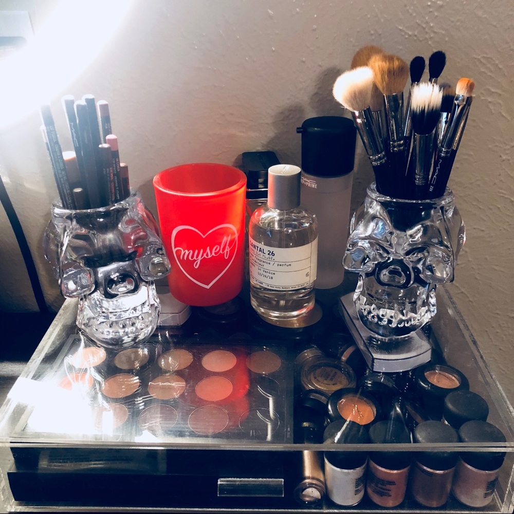 Set of glass skull makeup brush / candle holder